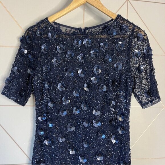 NWT Anthropologie BHLDN Adrianna Papell Petaluma Floral Sequin Dress Navy Blue - Picture 4 of 8